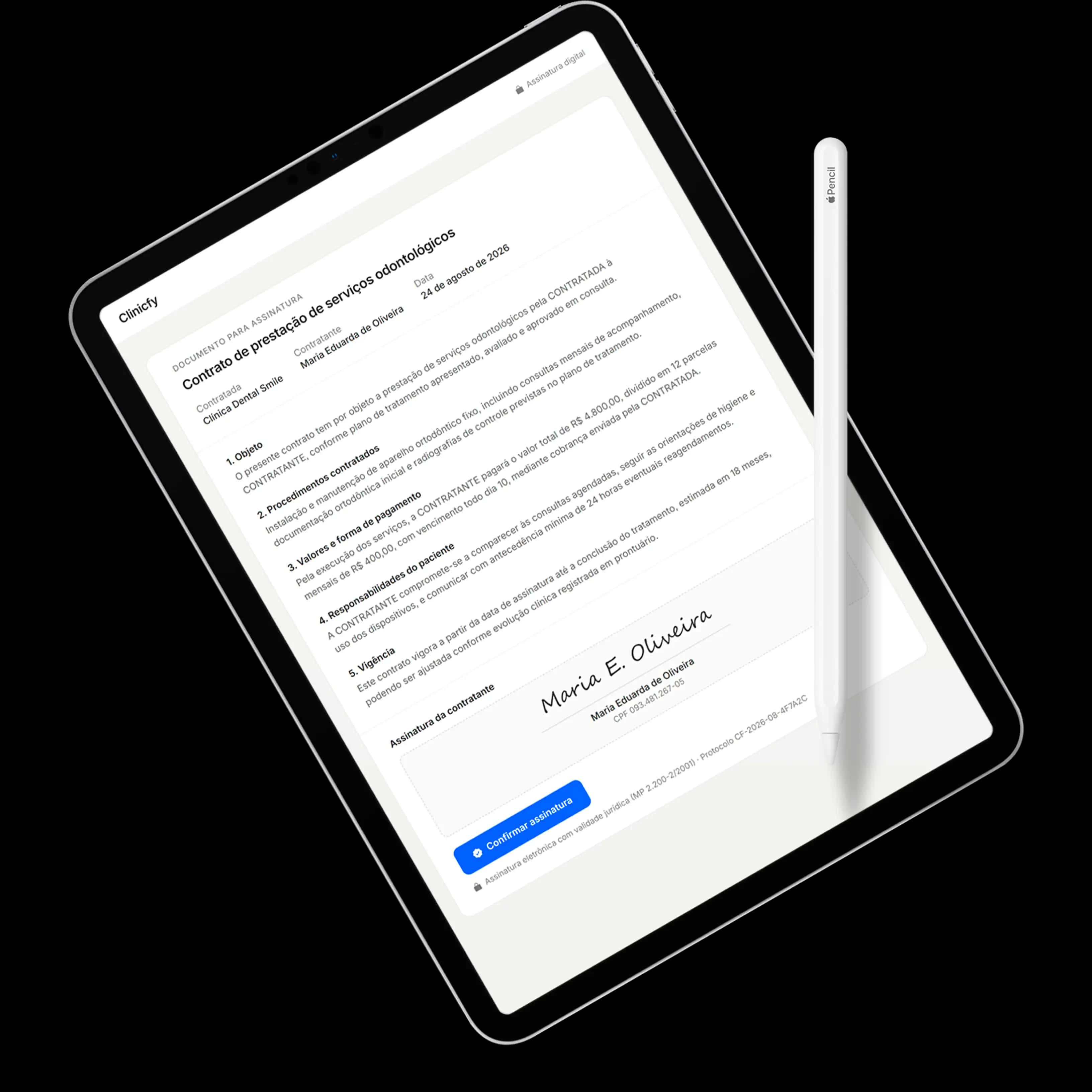 Contrato assinado digitalmente no tablet com o Clinicfy